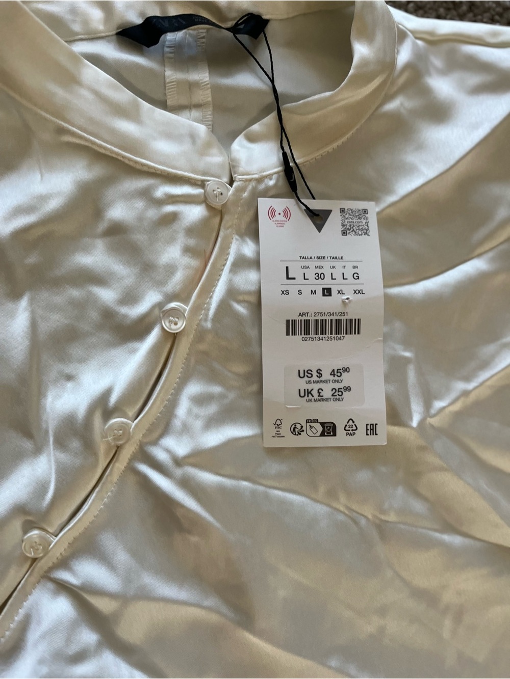Zara Ivory Satin Short-Sleeve Mandarin Blouse - Picture 6 of 6